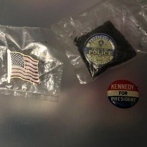 🏋️‍♂️ Vintage American Flag Pin, Kennedy Button & MA Police Pin Set